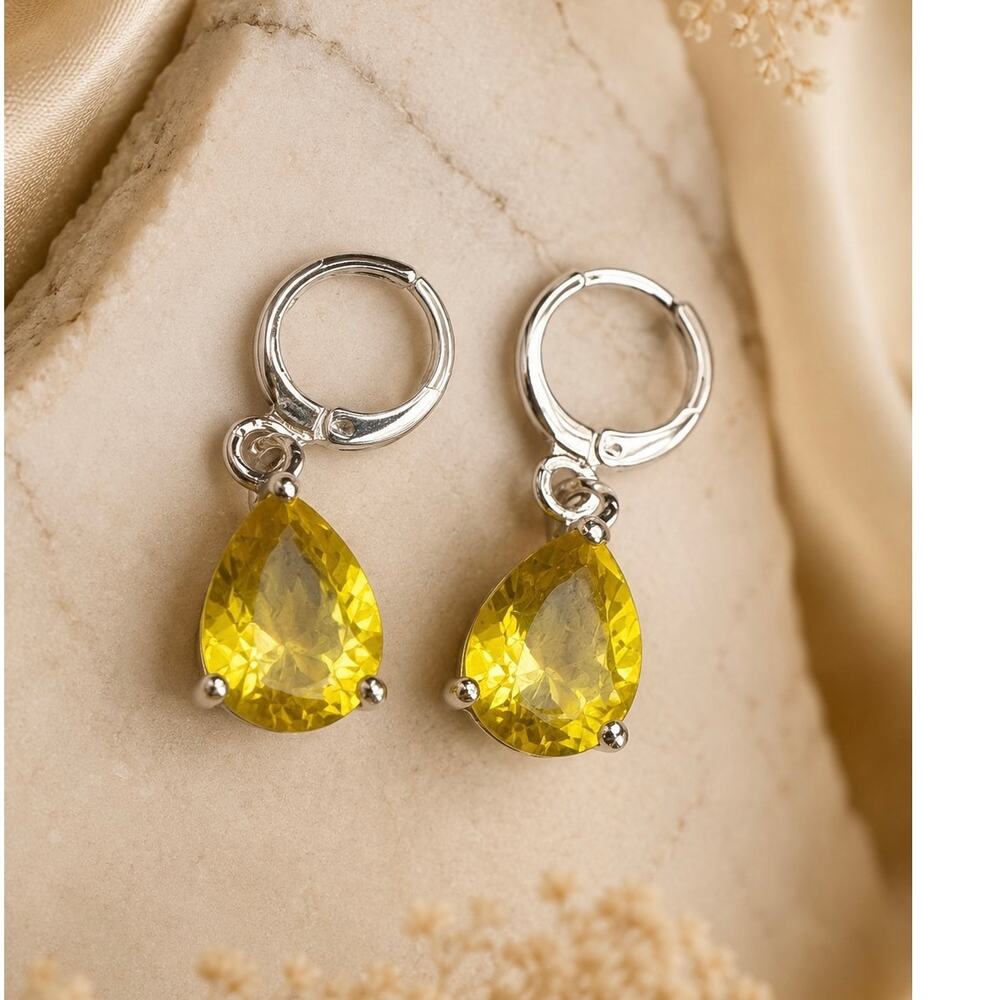 Pretty Silver Plated yellow Shape Teardrop Leverback Dangle Earrings